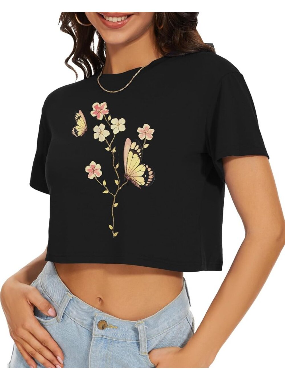 Women's Pink Butterfly Flower Short Sleeve Round Neck Loose Fit Summer Crop Tops - Picture 2 of 6